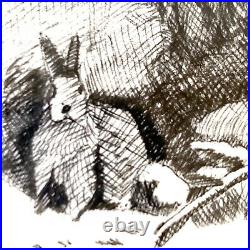 RARE ORIG VTG LISTED AL BARKER Rabbit Pencil Drawing & Uncirculated Etching Prof