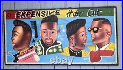 RARE VINTAGE 1980s 1990s BARBERSHOP HAIR CUT ADVERTISING SIGN HAND PAINTED 48x24