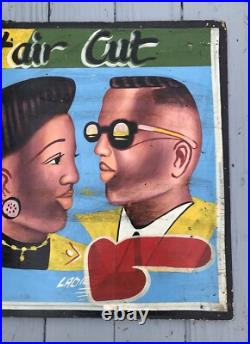 RARE VINTAGE 1980s 1990s BARBERSHOP HAIR CUT ADVERTISING SIGN HAND PAINTED 48x24