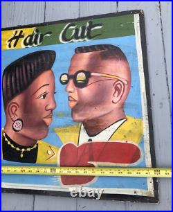 RARE VINTAGE 1980s 1990s BARBERSHOP HAIR CUT ADVERTISING SIGN HAND PAINTED 48x24
