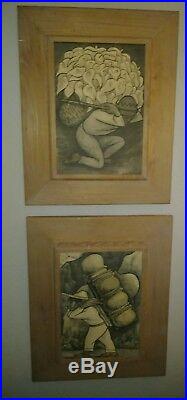 RARE VINTAGE ORIGINAL PAIR 1944 SIGNED DIEGO RIVERA ART LITHOGRAPHS-Rudolf Lesch