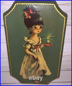 RARE VTG Big Eyes Girl Painting Art Lantern Candle Signed R. M. L. On Wood MCM