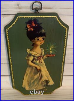 RARE VTG Big Eyes Girl Painting Art Lantern Candle Signed R. M. L. On Wood MCM