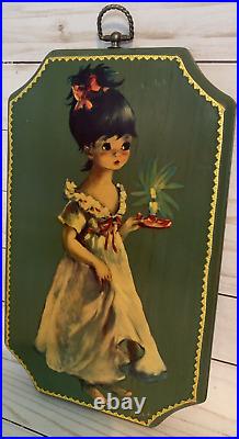 RARE VTG Big Eyes Girl Painting Art Lantern Candle Signed R. M. L. On Wood MCM