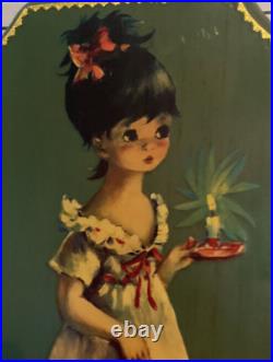 RARE VTG Big Eyes Girl Painting Art Lantern Candle Signed R. M. L. On Wood MCM