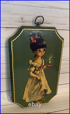 RARE VTG Big Eyes Girl Painting Art Lantern Candle Signed R. M. L. On Wood MCM