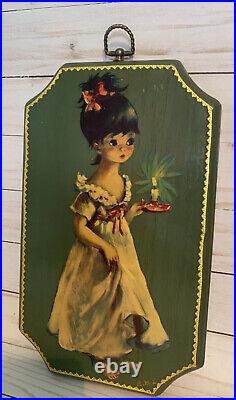 RARE VTG Big Eyes Girl Painting Art Lantern Candle Signed R. M. L. On Wood MCM