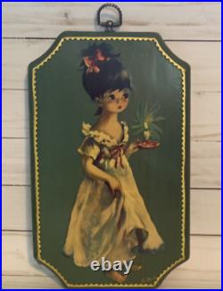 RARE VTG Big Eyes Girl Painting Art Lantern Candle Signed R. M. L. On Wood MCM