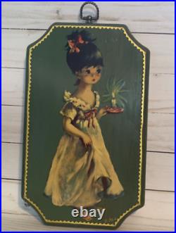 RARE VTG Big Eyes Girl Painting Art Lantern Candle Signed R. M. L. On Wood MCM