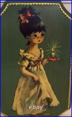 RARE VTG Big Eyes Girl Painting Art Lantern Candle Signed R. M. L. On Wood MCM