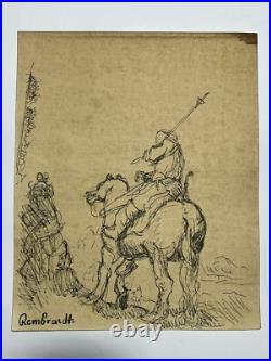 REMBRANDT drawing and painting on old paper signed stamped vintage
