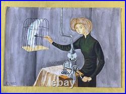 REMEDIOS VARO drawing and painting on old paper signed stamped vintage