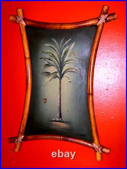 ROYAL ORIGINAL Single Palm Tree Signed E. Connors Oil on Wood Painting VINTAGE