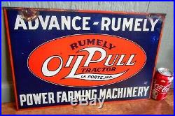 RUMELY OIL-PULL TRACTOR ENGINE Vintage Antique Porcelain Enamel Tin Paint Sign