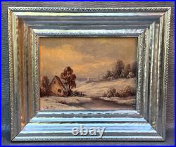 R. Lester Signed Original Oil Painting Winter Snow Cabin Landscape Vintage Art