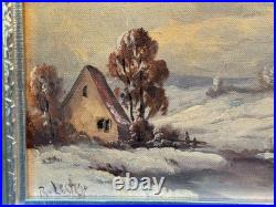 R. Lester Signed Original Oil Painting Winter Snow Cabin Landscape Vintage Art