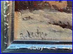 R. Lester Signed Original Oil Painting Winter Snow Cabin Landscape Vintage Art