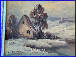 R. Lester Signed Original Oil Painting Winter Snow Cabin Landscape Vintage Art