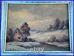 R. Lester Signed Original Oil Painting Winter Snow Cabin Landscape Vintage Art