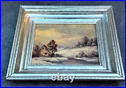 R. Lester Signed Original Oil Painting Winter Snow Cabin Landscape Vintage Art
