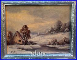 R. Lester Signed Original Oil Painting Winter Snow Cabin Landscape Vintage Art