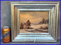 R. Lester Signed Original Oil Painting Winter Snow Cabin Landscape Vintage Art