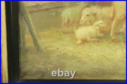 R Mario Original Oil Art Painting On Wood Board Lamb Sheep in Barn Framed Signed