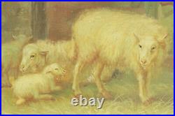 R Mario Original Oil Art Painting On Wood Board Lamb Sheep in Barn Framed Signed