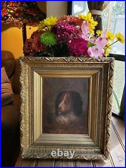 Rare 1800s Vintage Dog Original Oil Canvas Painting Framed Antique Art Estate