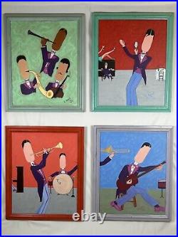 Rare Signed Appel 1995 Original Jazz Band Paintings-Set of 4-Abstract Music Art