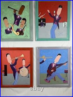 Rare Signed Appel 1995 Original Jazz Band Paintings-Set of 4-Abstract Music Art
