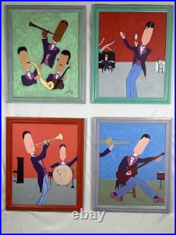 Rare Signed Appel 1995 Original Jazz Band Paintings-Set of 4-Abstract Music Art