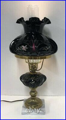 Rare Vintage Fenton Black Amethyst Glass Hand Painted Roses Artist Signed Lamp