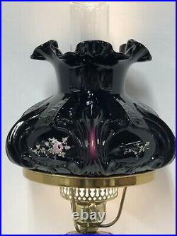 Rare Vintage Fenton Black Amethyst Glass Hand Painted Roses Artist Signed Lamp