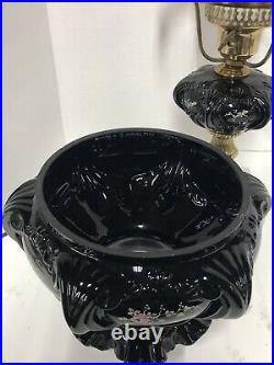 Rare Vintage Fenton Black Amethyst Glass Hand Painted Roses Artist Signed Lamp