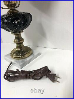 Rare Vintage Fenton Black Amethyst Glass Hand Painted Roses Artist Signed Lamp