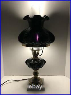 Rare Vintage Fenton Black Amethyst Glass Hand Painted Roses Artist Signed Lamp