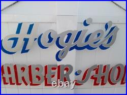 Rare Vintage Retired Mid Century Hogie's Barber Shop Hand Painted Sign 44x20
