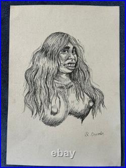 Robert Crumb drawing and painting on old paper signed stamped vintage