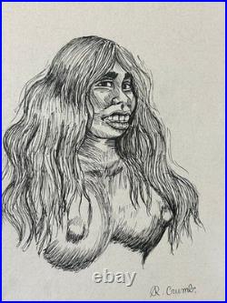 Robert Crumb drawing and painting on old paper signed stamped vintage