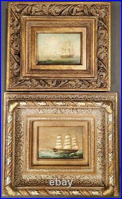 Set Of 2 Vintage H. Parker Tall Ship Oil Paitings Gold Gilded Signed COA