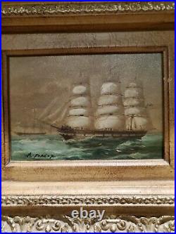 Set Of 2 Vintage H. Parker Tall Ship Oil Paitings Gold Gilded Signed COA