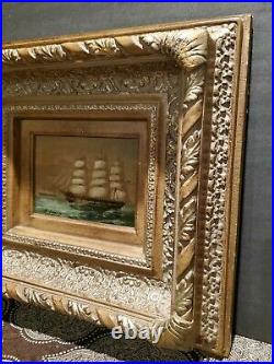 Set Of 2 Vintage H. Parker Tall Ship Oil Paitings Gold Gilded Signed COA