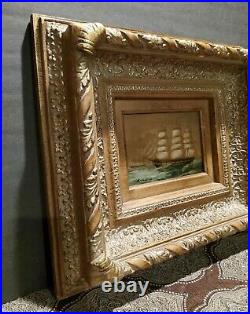 Set Of 2 Vintage H. Parker Tall Ship Oil Paitings Gold Gilded Signed COA