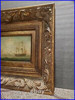 Set Of 2 Vintage H. Parker Tall Ship Oil Paitings Gold Gilded Signed COA