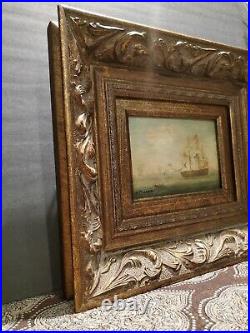 Set Of 2 Vintage H. Parker Tall Ship Oil Paitings Gold Gilded Signed COA