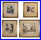 Set of 4 Parisian Original Antique Vintage Watercolor on Paper Signed Framed 60s