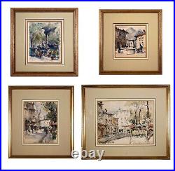 Set of 4 Parisian Original Antique Vintage Watercolor on Paper Signed Framed 60s