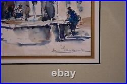 Set of 4 Parisian Original Antique Vintage Watercolor on Paper Signed Framed 60s