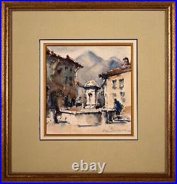 Set of 4 Parisian Original Antique Vintage Watercolor on Paper Signed Framed 60s